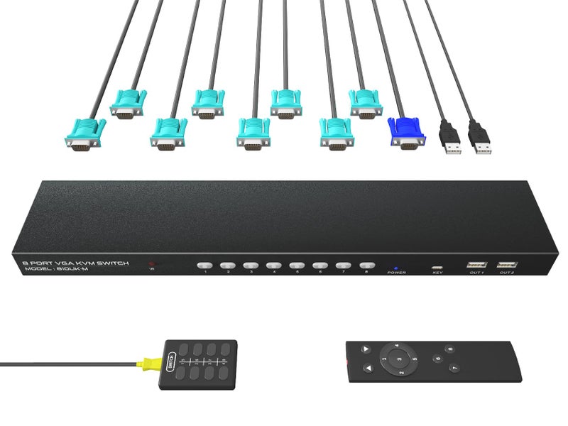 DiamondTiger 8-Port VGA KVM Switch, KVM Switcher for 8 Computers Share 1 Monitor and 4 USB 2.0 Devices, Supports Keyboard Mouse Printer Scanner, Driver-Free for All OS, with 8 VGA Cables & IR Remote - Image 1