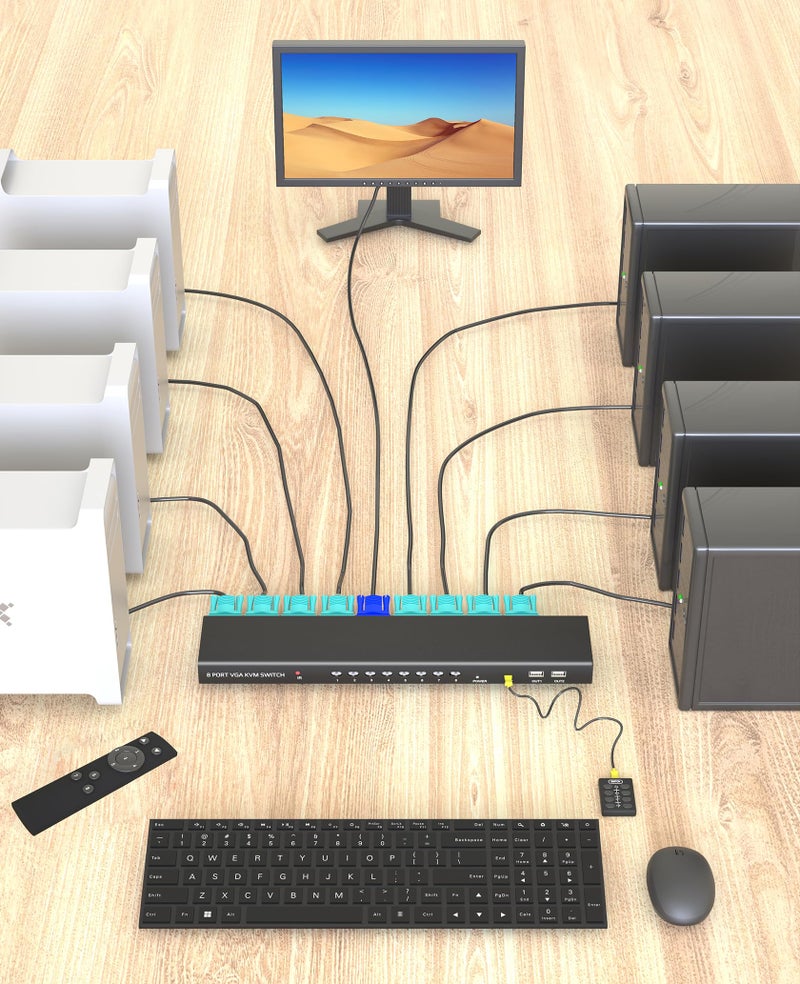 DiamondTiger 8-Port VGA KVM Switch, KVM Switcher for 8 Computers Share 1 Monitor and 4 USB 2.0 Devices, Supports Keyboard Mouse Printer Scanner, Driver-Free for All OS, with 8 VGA Cables & IR Remote - Image 2