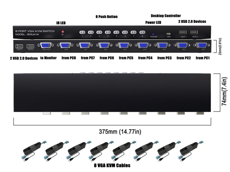 DiamondTiger 8-Port VGA KVM Switch, KVM Switcher for 8 Computers Share 1 Monitor and 4 USB 2.0 Devices, Supports Keyboard Mouse Printer Scanner, Driver-Free for All OS, with 8 VGA Cables & IR Remote - Image 3