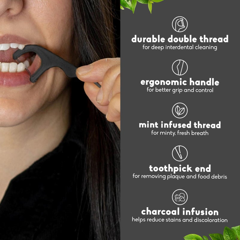 The Humble Co. Floss Picks (200 Count) â€“ Plant Based Dental Floss Picks for Superior Oral Care, Dental Hygiene, and Gum Health, Cruelty Free Tooth Floss Picks (Charcoal, Double Thread) - Image 3