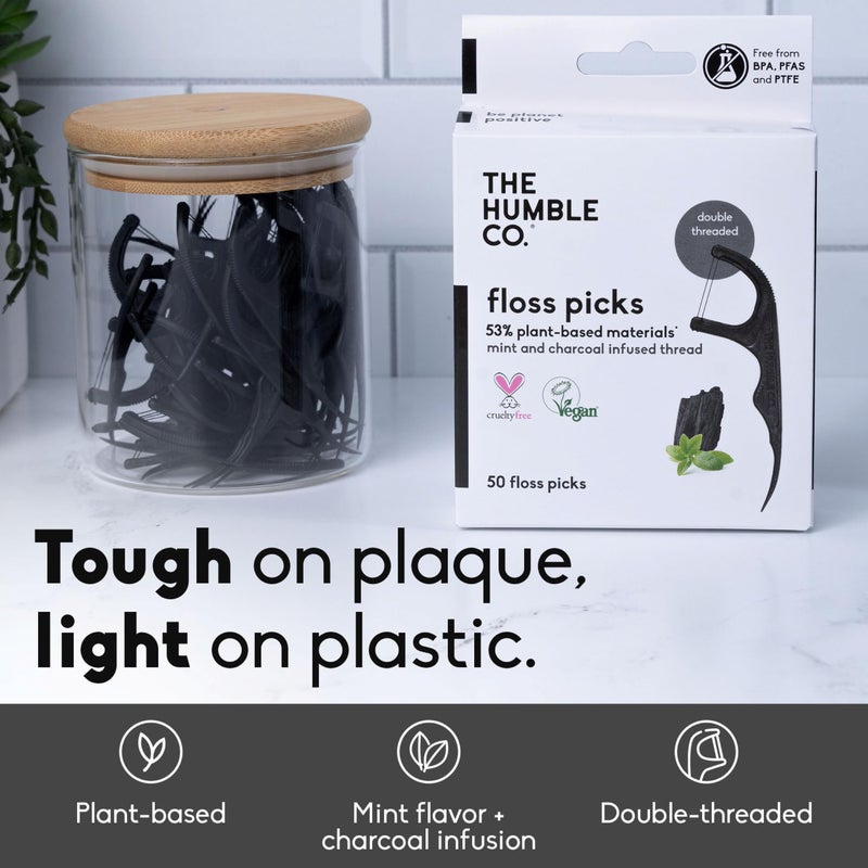 The Humble Co. Floss Picks (200 Count) â€“ Plant Based Dental Floss Picks for Superior Oral Care, Dental Hygiene, and Gum Health, Cruelty Free Tooth Floss Picks (Charcoal, Double Thread) - Image 2