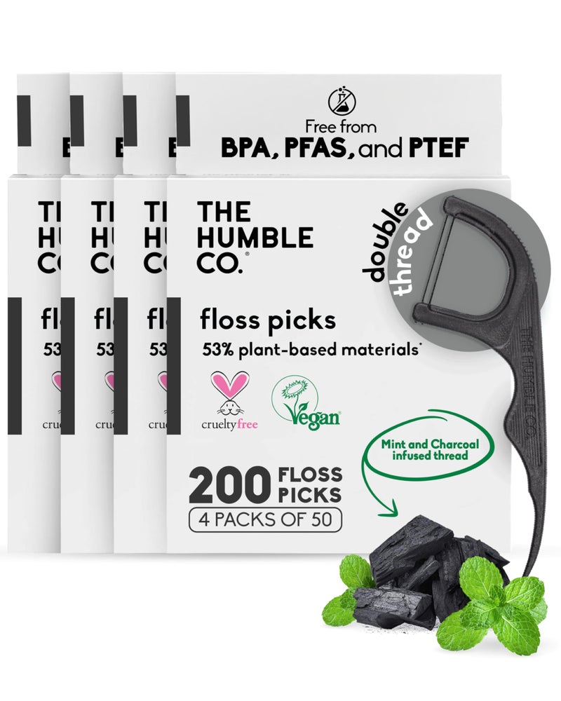 The Humble Co. Floss Picks (200 Count) â€“ Plant Based Dental Floss Picks for Superior Oral Care, Dental Hygiene, and Gum Health, Cruelty Free Tooth Floss Picks (Charcoal, Double Thread) - Image 1