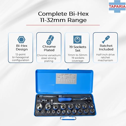 Taparia S15MXL 1/2 Inch Square Drive 24 Pc Socket Set,19-Piece Bihexagonal Sockets Plus 5-Piece Accessories | High Torque | Heavy Duty Automotive & Workshop Tool Kit - Image 3