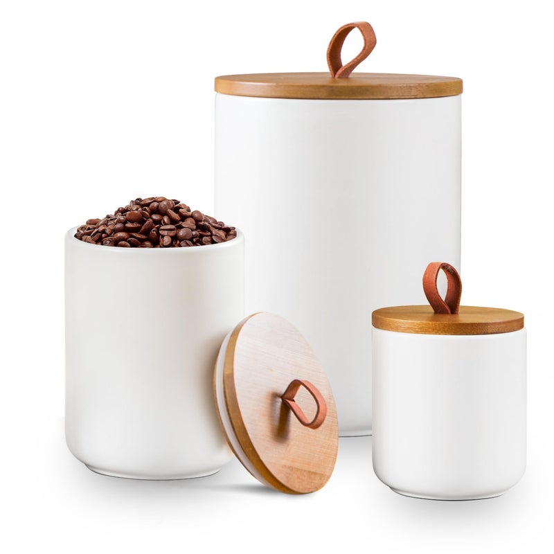 Kendiis Ceramic Canister Set for Kitchen 3pcs White Ceramic Kitchen Canisters for Countertop with Airtight Wood Lids Large Flour and Sugar Containers for Coffee Tea Spice
