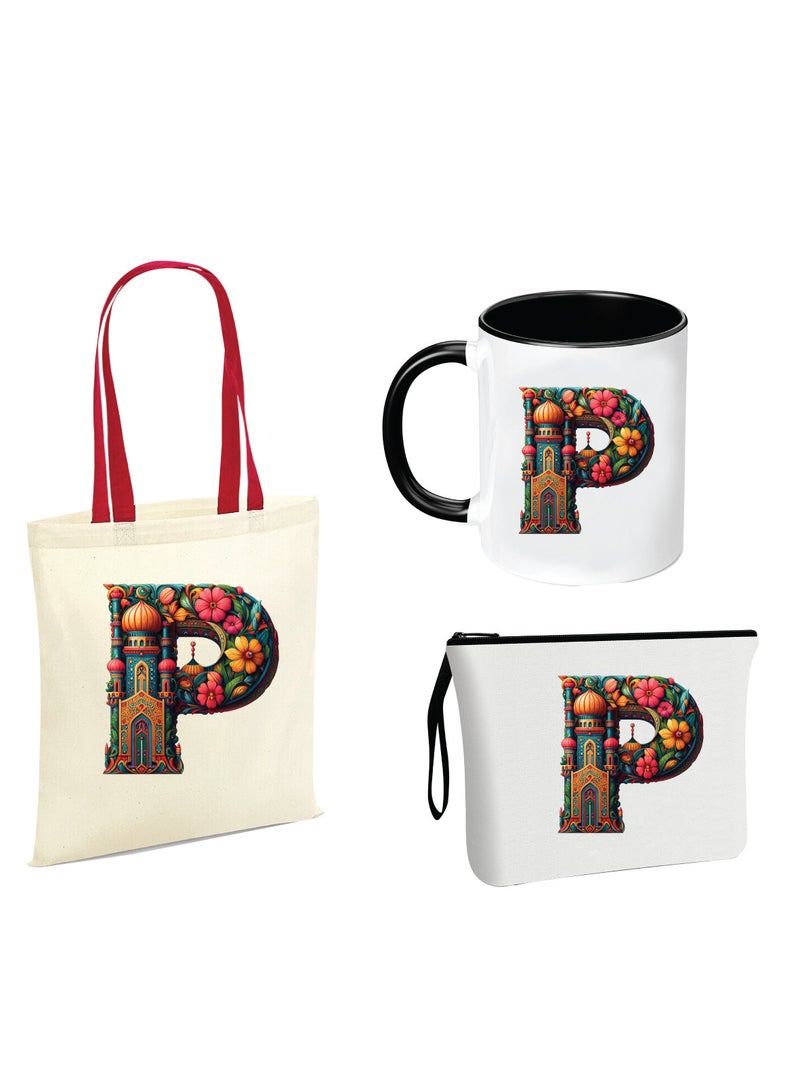 PRINTSHOP4ME Pack of 3 Initial Monogram Gift Set - Black Coffee Mug, Cosmetic Bag and Cotton Tote bag Set - Gift Set for Her - Perfect for Ramadan, School, Travel and Birthday Gift - Image 1