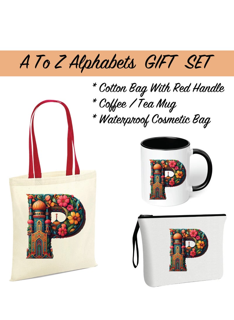 PRINTSHOP4ME Pack of 3 Initial Monogram Gift Set - Black Coffee Mug, Cosmetic Bag and Cotton Tote bag Set - Gift Set for Her - Perfect for Ramadan, School, Travel and Birthday Gift - Image 2