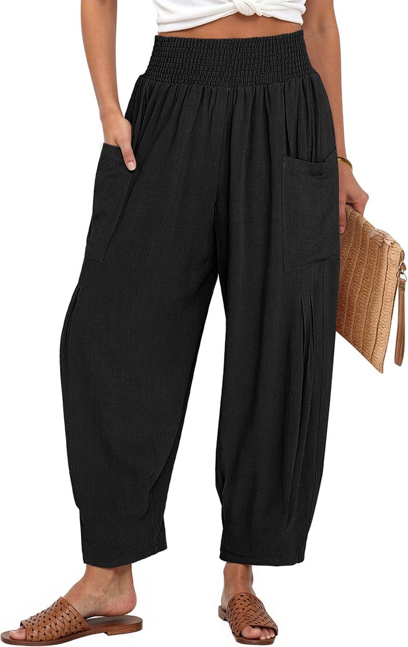TARSE Women Linen Pants 2025 Summer Casual Loose Boho Wide Leg High Waisted Harem Pant with Pockets, Black, L - Image 1
