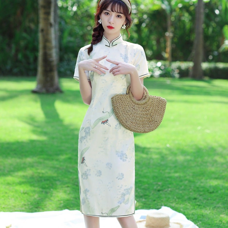 2022 spring and summer new fashion elegant beautiful elegant slim organza Dragon grain satin crane modified cheongsam - Image 2