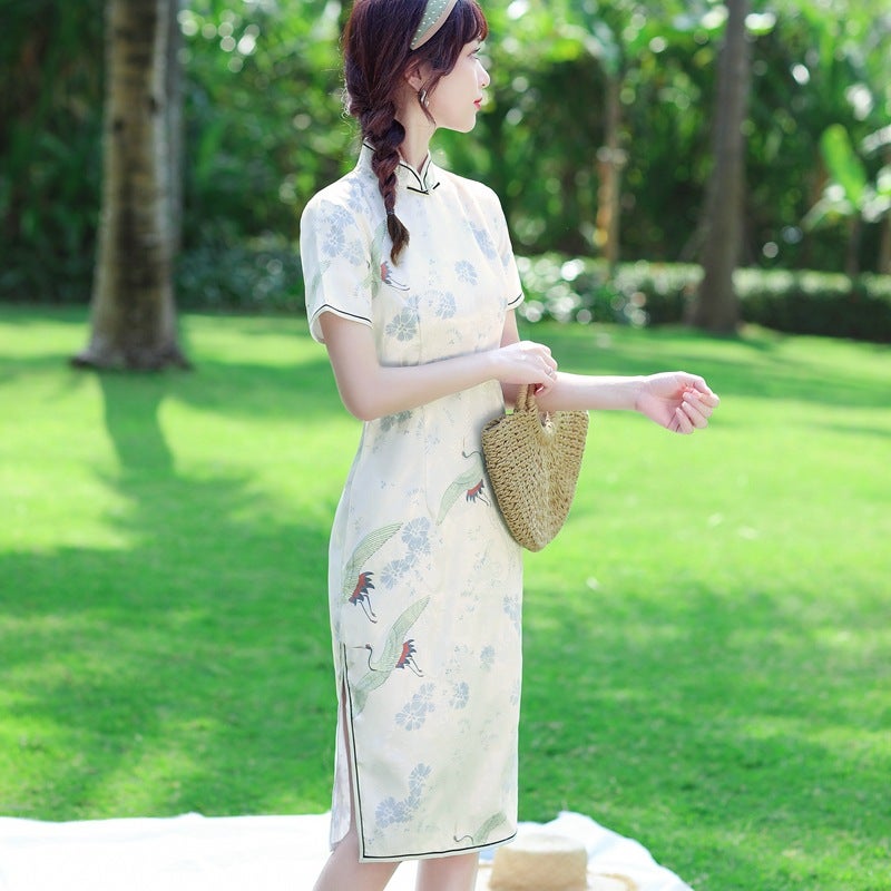 2022 spring and summer new fashion elegant beautiful elegant slim organza Dragon grain satin crane modified cheongsam - Image 5