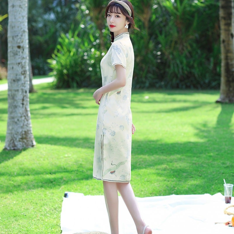 2022 spring and summer new fashion elegant beautiful elegant slim organza Dragon grain satin crane modified cheongsam - Image 4