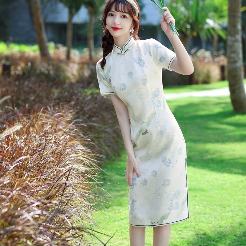 2022 spring and summer new fashion elegant beautiful elegant slim organza Dragon grain satin crane modified cheongsam - Image 3