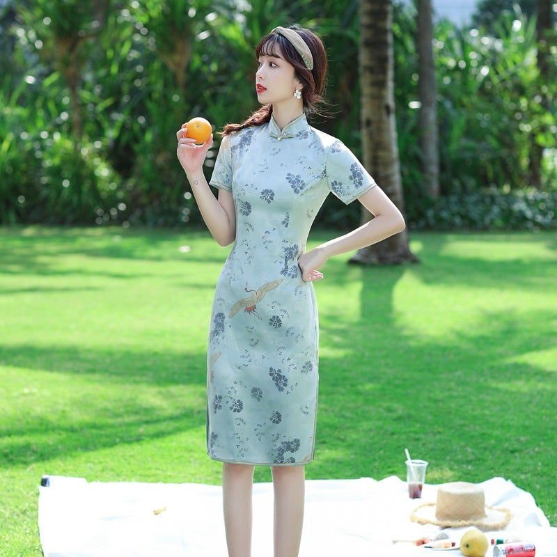 2022 spring and summer new fashion elegant beautiful elegant slim organza Dragon grain satin crane modified cheongsam - Image 1