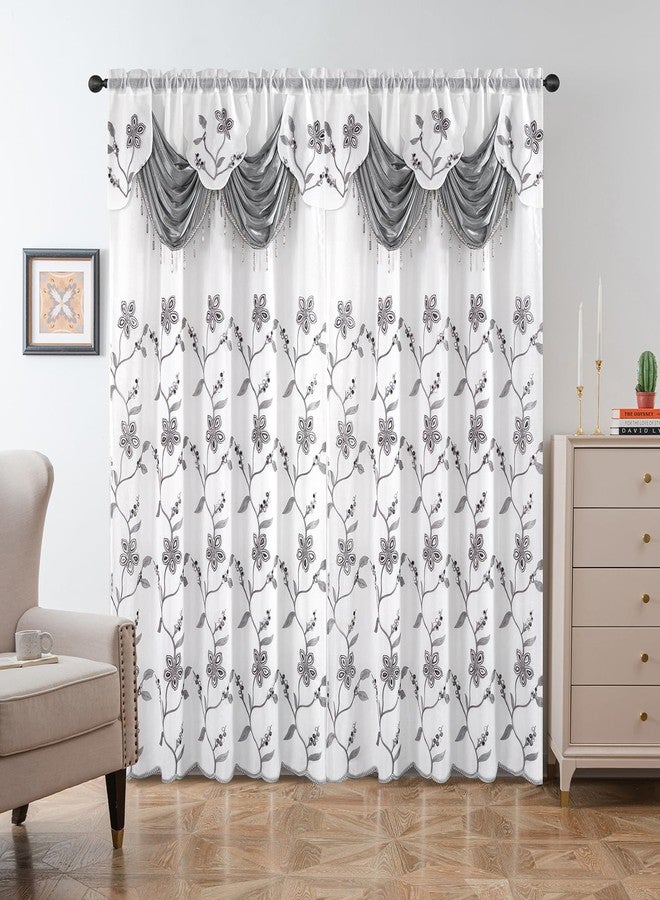 Petrichor Embroidered Curtains 2 Panels Set - Luxury Window Curtain with Attached Valance,Sheer Backing and 2 Tie Backs for Bedroom, Living Room, 54x95 inches, Gray - Image 2