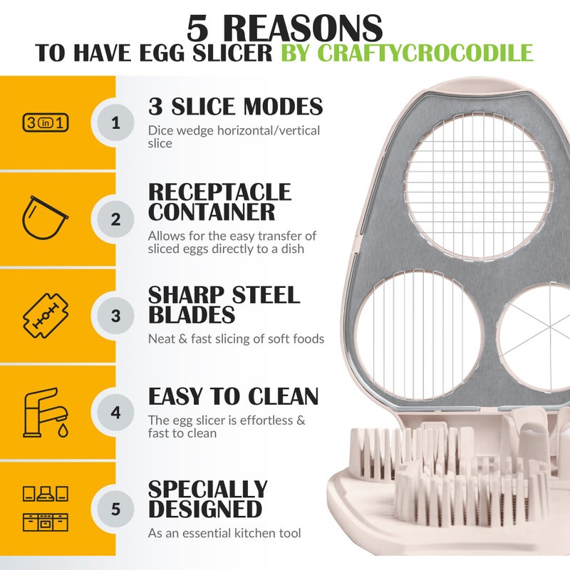 CraftyCrocodile Egg Slicer for Hard Boiled Eggs - 3 Slice Modes Egg Cutter, Heavy Duty, Stainless Steel Dicer - Kitchen Chopper Tool for Strawberry, Mushroom, Grape, Cherry Tomato - Light Beige - Image 2