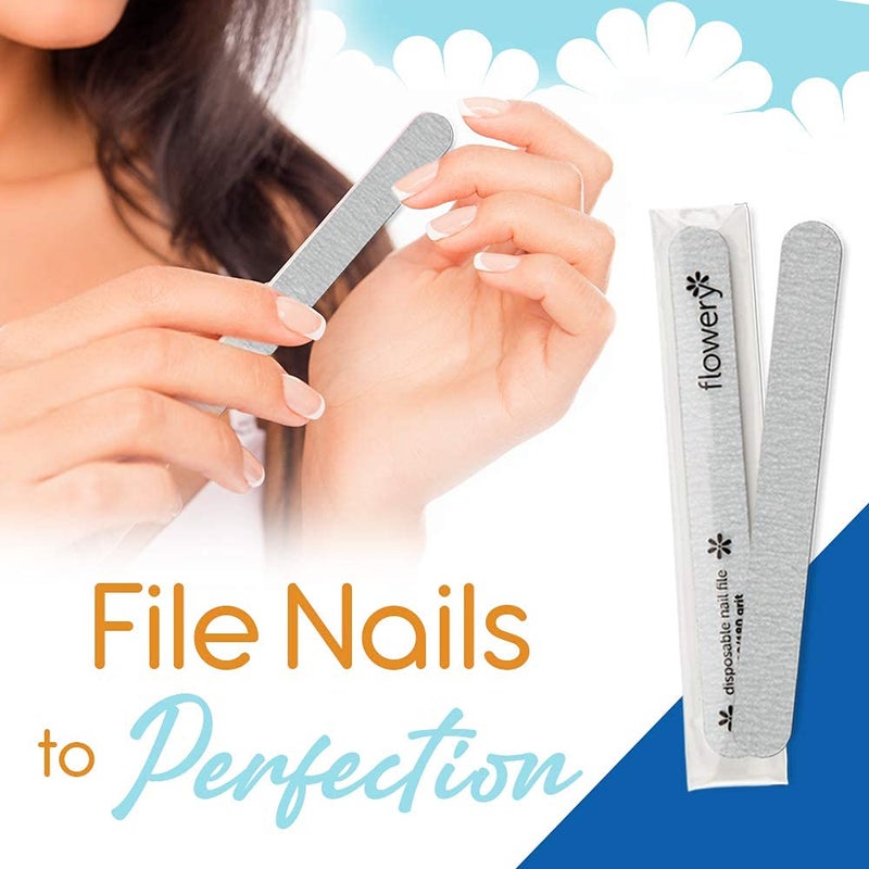 Flowery Nail File 100/180 Grit for Acrylic Nails, Double-Sided Nail Files, Disposable Emery Boards, Manicure Kit, Cushion Core, Silver, 100-Pack - Image 3