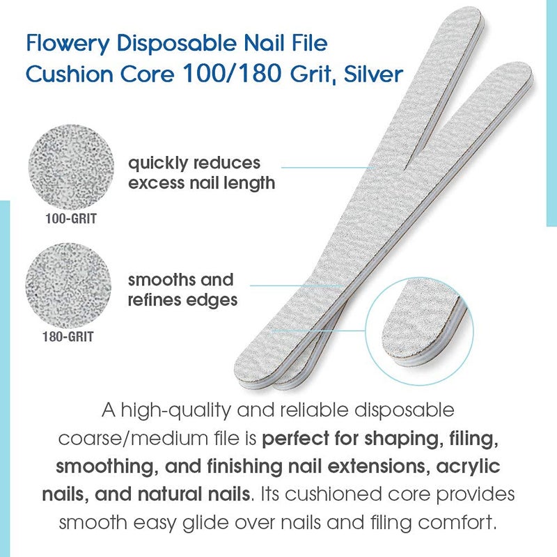 Flowery Nail File 100/180 Grit for Acrylic Nails, Double-Sided Nail Files, Disposable Emery Boards, Manicure Kit, Cushion Core, Silver, 100-Pack - Image 4