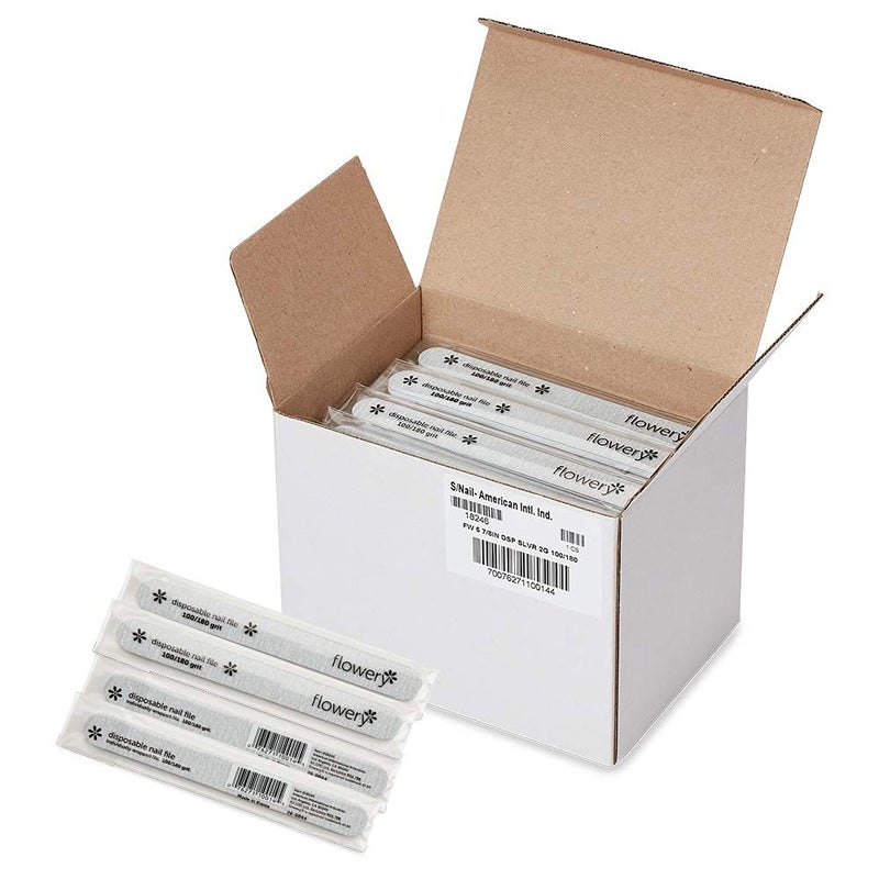 Flowery Nail File 100/180 Grit for Acrylic Nails, Double-Sided Nail Files, Disposable Emery Boards, Manicure Kit, Cushion Core, Silver, 100-Pack - Image 2