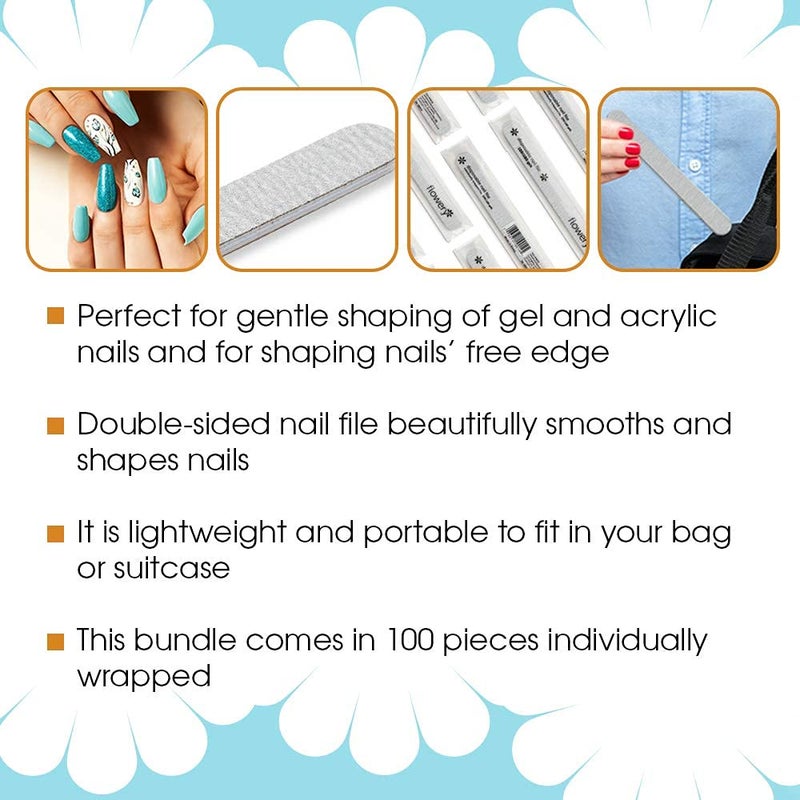 Flowery Nail File 100/180 Grit for Acrylic Nails, Double-Sided Nail Files, Disposable Emery Boards, Manicure Kit, Cushion Core, Silver, 100-Pack - Image 5