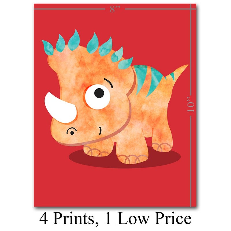Lone Star Art Dinosaurs للأطفال - دش الطفل الرائع والديكور الحضانة طفل Boy Boy Room لطيف دينوز ديكور ديكور غرفة نوم ديناصور ملونة عرض ومجموعة من 4 مطبوعات - 8x10 فن المطبوعات غير المؤخرة الملصقات - Image 1
