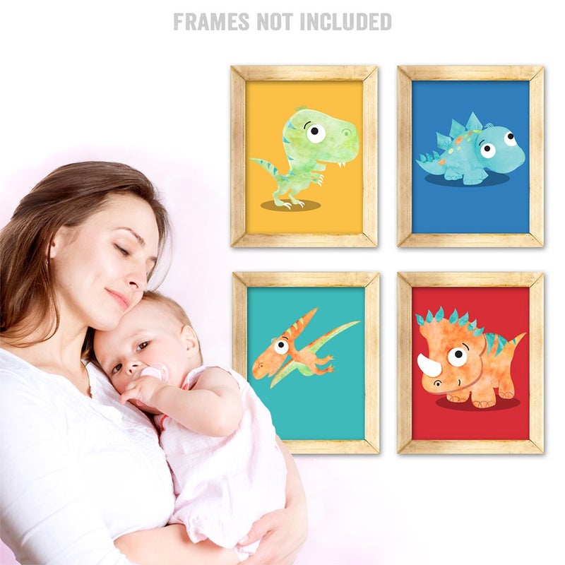 Lone Star Art Dinosaurs للأطفال - دش الطفل الرائع والديكور الحضانة طفل Boy Boy Room لطيف دينوز ديكور ديكور غرفة نوم ديناصور ملونة عرض ومجموعة من 4 مطبوعات - 8x10 فن المطبوعات غير المؤخرة الملصقات - Image 4
