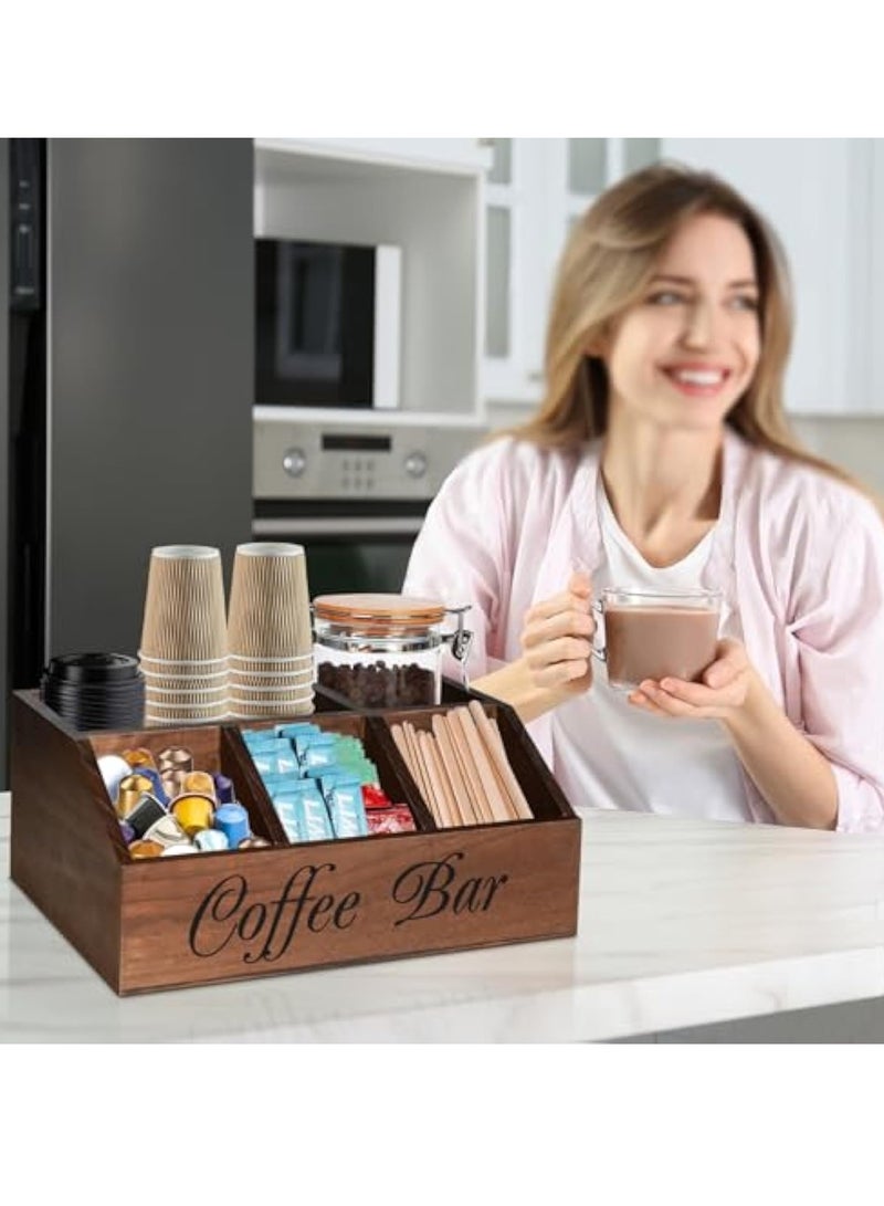 Arabest Coffee Station Organizer for Counter, Wood Coffee Pods Holder Storage Basket, Coffee and Tea Condiment Storage Organizer, Rustic Coffee Bar Decor for Coffee Accessories Organizer - Image 3