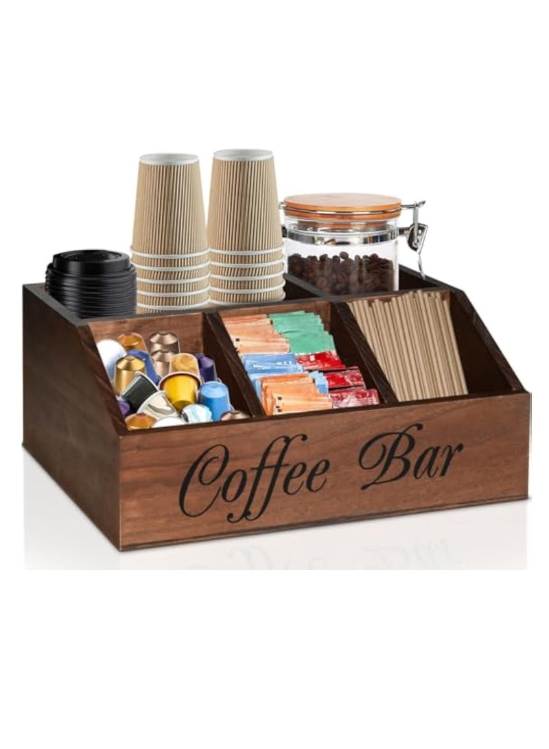 Arabest Coffee Station Organizer for Counter, Wood Coffee Pods Holder Storage Basket, Coffee and Tea Condiment Storage Organizer, Rustic Coffee Bar Decor for Coffee Accessories Organizer - Image 1