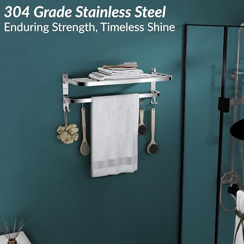 Plantex 304 Grade Stainless Steel Foldable Towel Rack in Bathroom/Cloth Hanger for Bathroom/Towel Rod with Hooks/Bathroom Accessories (18 Inch) Chrome - Image 3
