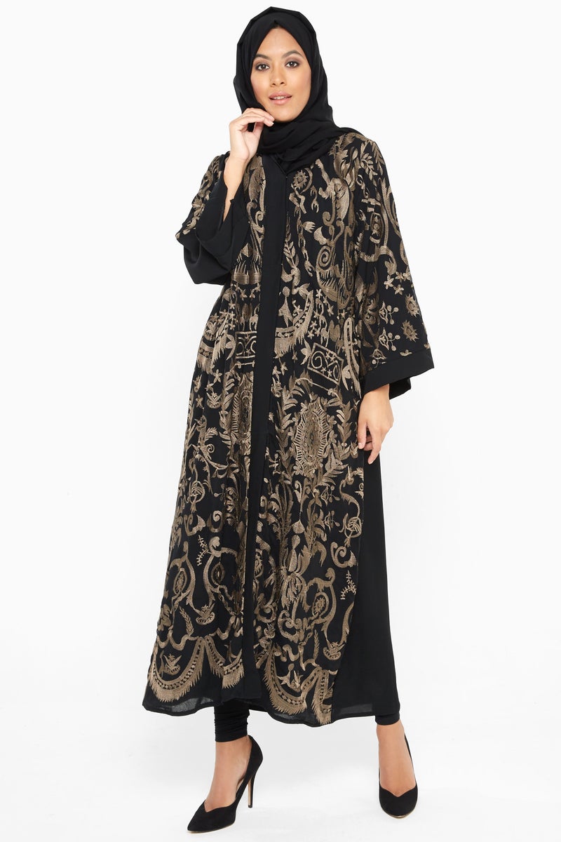 NUKHBAA An elegant and exclusive copper-thread floral embroidered abaya-Aj365A - Image 1