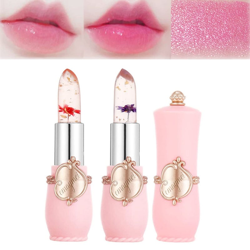 Paminify 2pcs Jelly Clear Crystal Flower Magic Lipstick Color Changing Tinted Lip Balm Nourishing Moisturizing Lip Stick labial magicos - Image 1