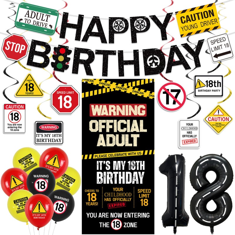 Roetyce 18th Birthday Decorations for Boys Girls Caution Logos Happy 18th Birthday Banner Backdrop Balloons Hanging Swirls Kit 18 Years Old Party Yard Door Wall Cover Background
