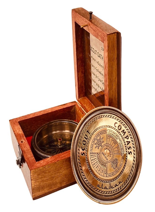 ALADEAN Scout Compass Gift Boys - Engraved Scout Oath Compass in Wood Box Scout Always Prepared Camping Orienteering Compass, Hiking Backpacking Compass Gift, 50 Year calander (#1 Scout Compass w Lid) - Image 1