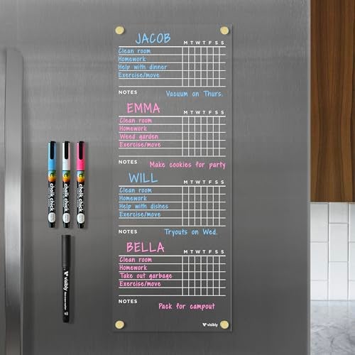 Visibly Magnetic Acrylic Chore Chart for Fridge, for 3, 4 or 5 Children. Includes 4 Magnetic Wet-Erase Markers for Refrigerator, 7” X 18". Put Those Kids to Work! | Gold Magnets - Image 3