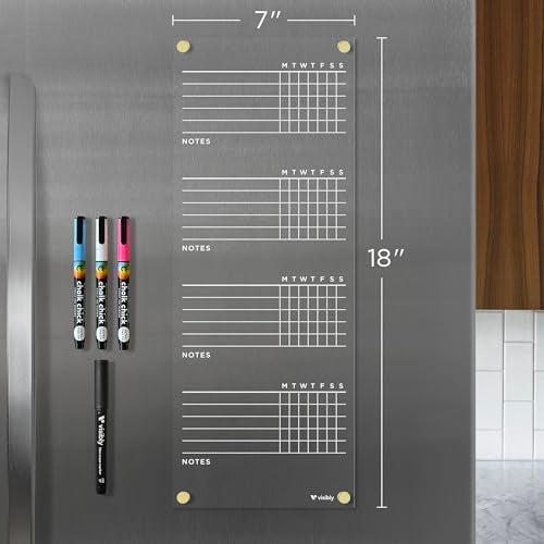 Visibly Magnetic Acrylic Chore Chart for Fridge, for 3, 4 or 5 Children. Includes 4 Magnetic Wet-Erase Markers for Refrigerator, 7” X 18". Put Those Kids to Work! | Gold Magnets - Image 2