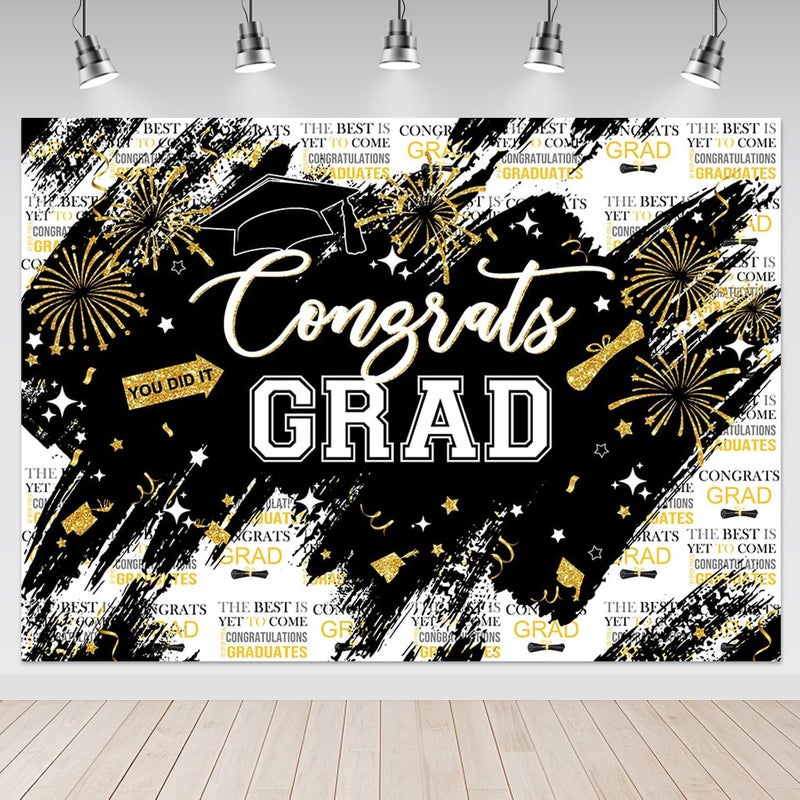 Mocsicka Graduation Backdrop Congrats Grad Black and Golden Graduate Party Decorations Background Class of 2025 Photography Backdrops (8x6ft) - Image 1