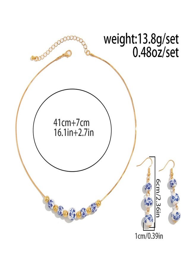 TACBSP Ceramic Bead Necklace Earrings Set for Women Blue White Porcelain Ball Necklace Blue Floral Pattern Jewelry Set Minimalism Chinese Earrings Sets Jewelry Gift (A.) - Image 3