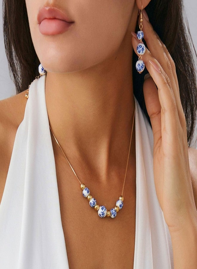TACBSP Ceramic Bead Necklace Earrings Set for Women Blue White Porcelain Ball Necklace Blue Floral Pattern Jewelry Set Minimalism Chinese Earrings Sets Jewelry Gift (A.) - Image 2