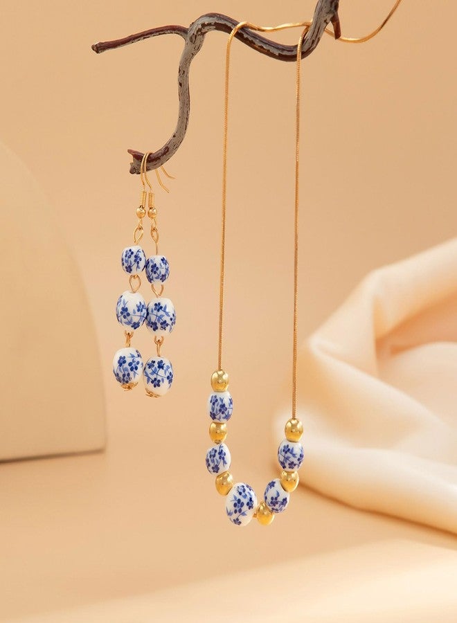 TACBSP Ceramic Bead Necklace Earrings Set for Women Blue White Porcelain Ball Necklace Blue Floral Pattern Jewelry Set Minimalism Chinese Earrings Sets Jewelry Gift (A.) - Image 5
