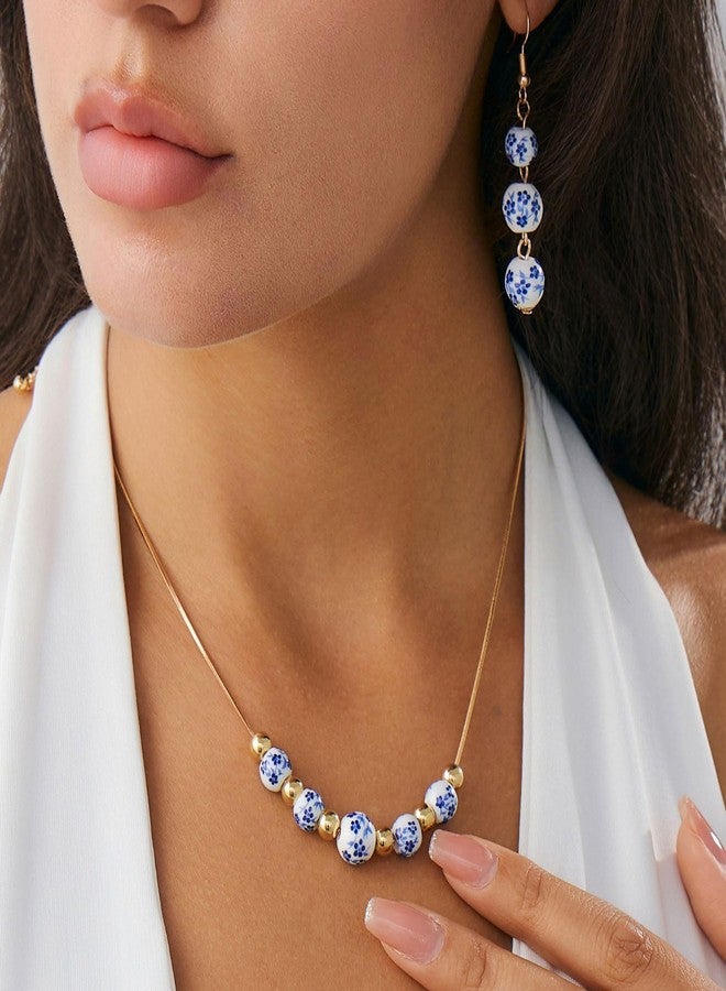 TACBSP Ceramic Bead Necklace Earrings Set for Women Blue White Porcelain Ball Necklace Blue Floral Pattern Jewelry Set Minimalism Chinese Earrings Sets Jewelry Gift (A.) - Image 4