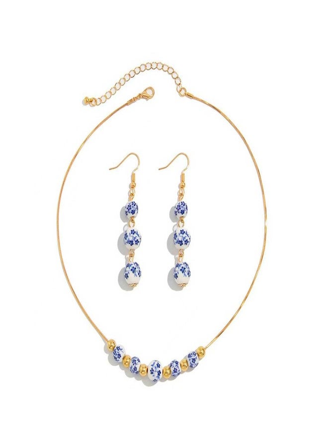 TACBSP Ceramic Bead Necklace Earrings Set for Women Blue White Porcelain Ball Necklace Blue Floral Pattern Jewelry Set Minimalism Chinese Earrings Sets Jewelry Gift (A.) - Image 1