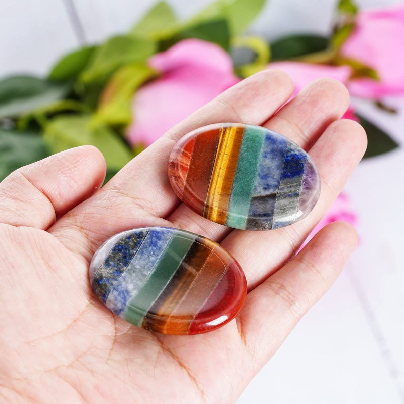 Marrywindix 2 Packs Natural Thumb Worry Stone Set 7 Chakra Crystals Healing Stones for Anxiety Stress Relief Meditation Crystal Therapy - Image 4