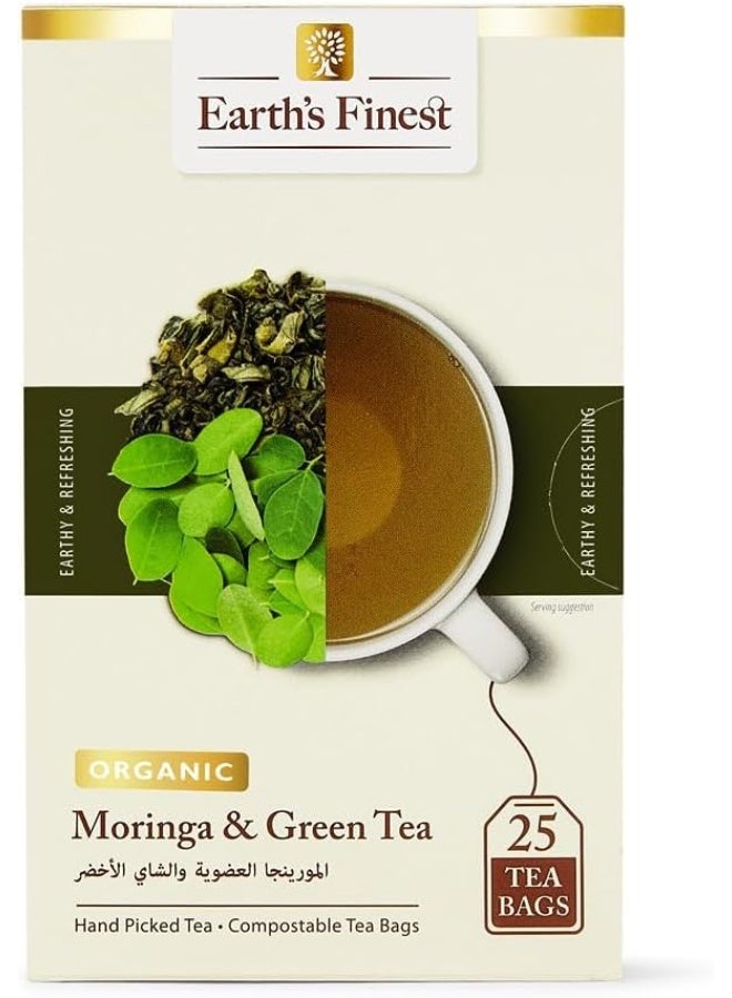 إيرثس فاينيست شاي المورينجا العضوي والشاي الأخضر 25 كيسًا بنكهة منعشة، خالي من الكائنات المعدلة وراثيًا والكافيين، 100% طبيعي، غني بمضادات الأكسدة والأعشاب، 37.5 جرام - Image 1