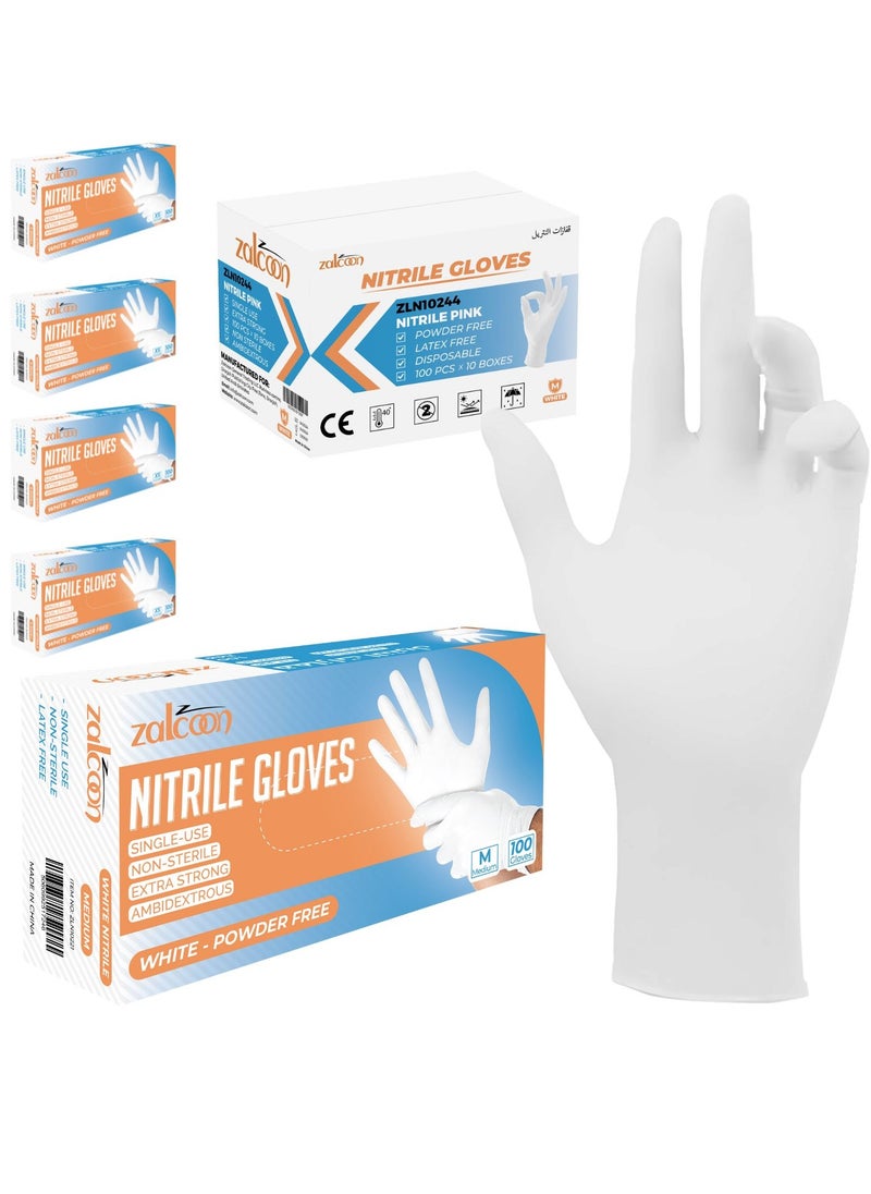 Zalcoon Zalcoon Nitrile Exam Gloves, White, Powder Free, Latex Free, Best for Restaurant, Saloon, Kitchen, Cleaning, Food Prep (5 Pack x 100 Pieces)  - Image 1