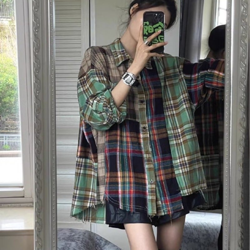 2023 Autumn New Hong Kong style retro wear elegant plaid shirt coat womens design sense niche loose top Picture color
