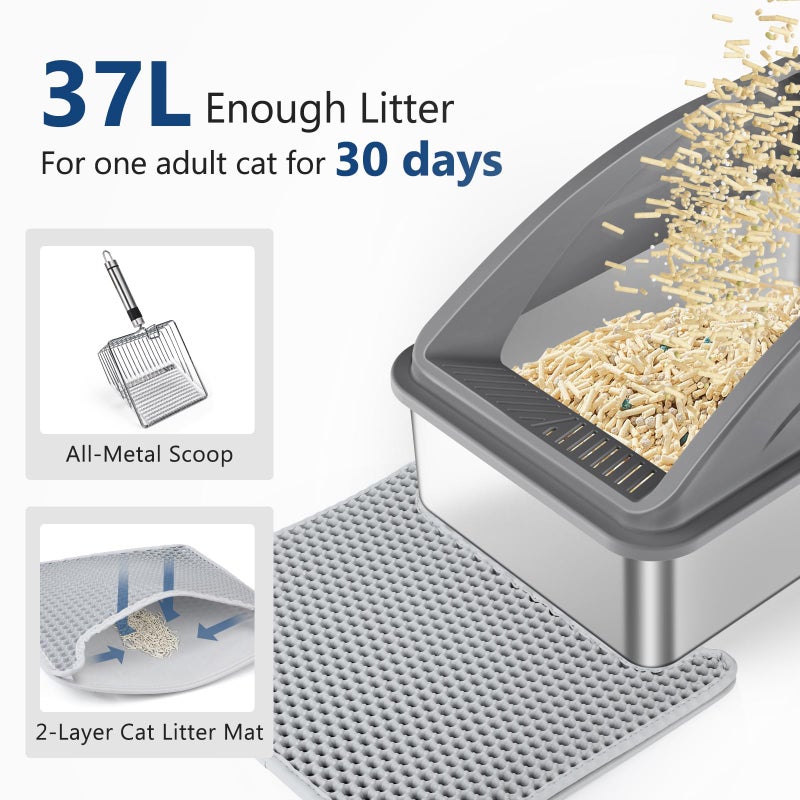 INVENHO Stainless Steel Litter Box, Extra Large Litter Boxes for Big Cats, XL Metal Cat Litter Box with Lid, Anti-Urine Leakage, Non-Sticky, Include Cat Mat and Litter Scoop - Image 5