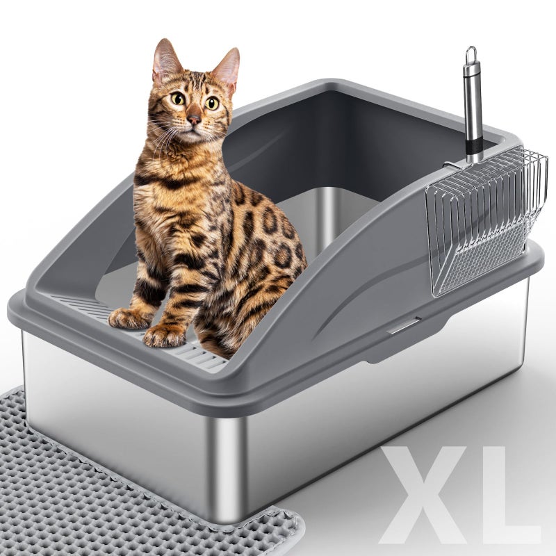 INVENHO Stainless Steel Litter Box, Extra Large Litter Boxes for Big Cats, XL Metal Cat Litter Box with Lid, Anti-Urine Leakage, Non-Sticky, Include Cat Mat and Litter Scoop - Image 1