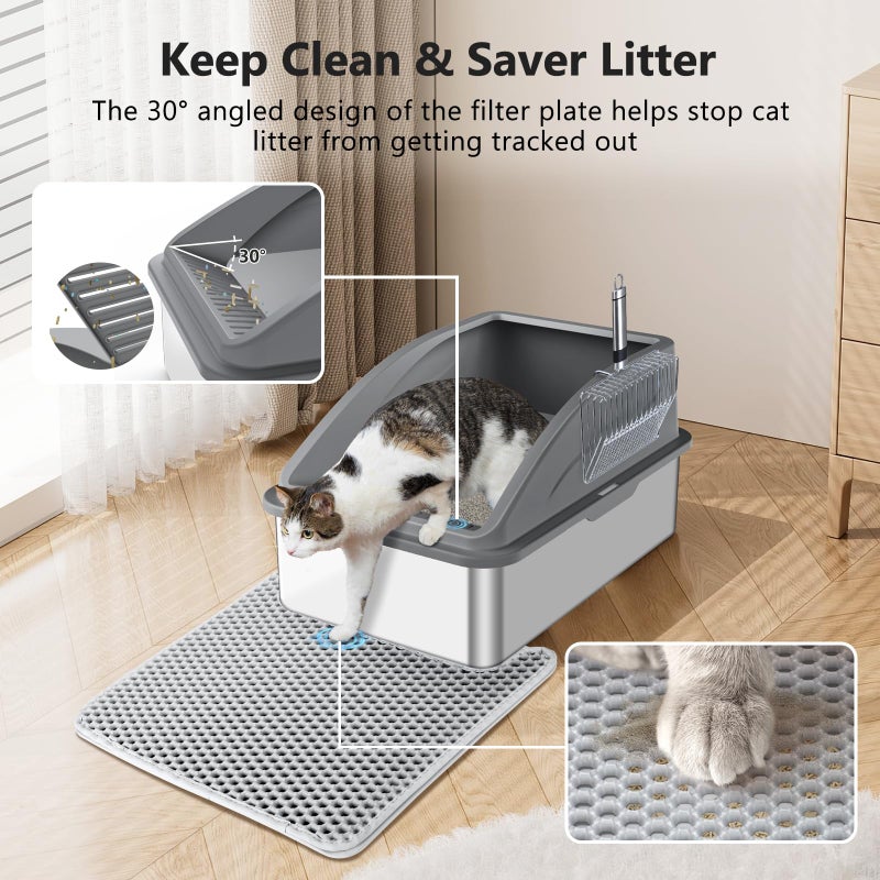 INVENHO Stainless Steel Litter Box, Extra Large Litter Boxes for Big Cats, XL Metal Cat Litter Box with Lid, Anti-Urine Leakage, Non-Sticky, Include Cat Mat and Litter Scoop - Image 2
