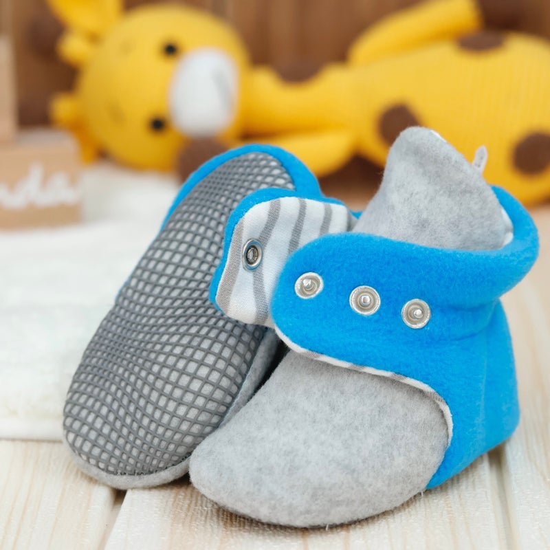 Ella Bonna Polar Baby Slippers, Non-Slip Sole, Organic Cotton Lined, First Step Home Slippers, Gray Blue  - Image 2
