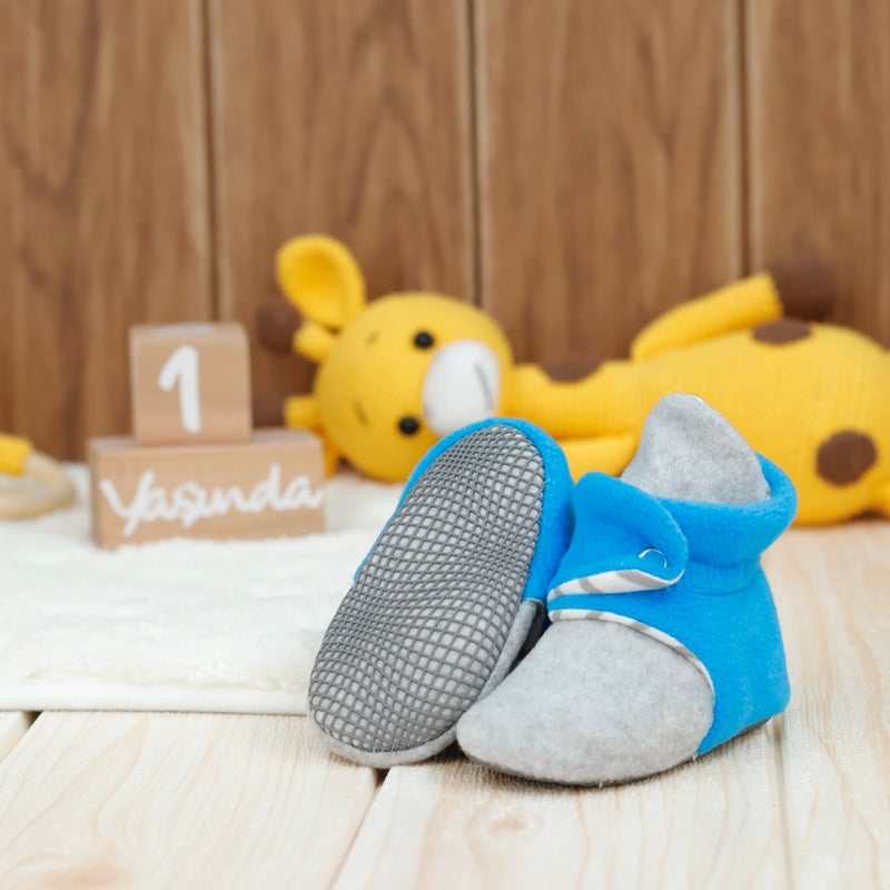 Ella Bonna Polar Baby Slippers, Non-Slip Sole, Organic Cotton Lined, First Step Home Slippers, Gray Blue  - Image 5