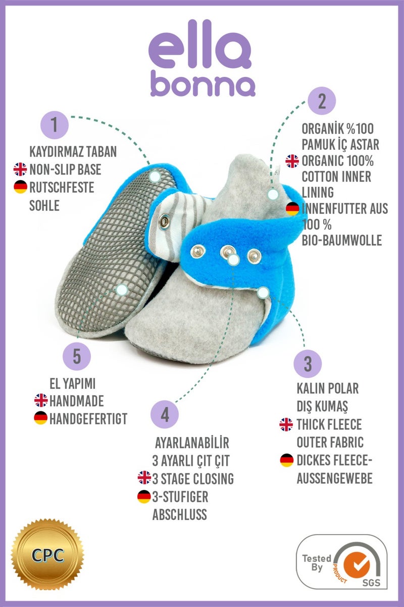 Ella Bonna Polar Baby Slippers, Non-Slip Sole, Organic Cotton Lined, First Step Home Slippers, Gray Blue  - Image 3
