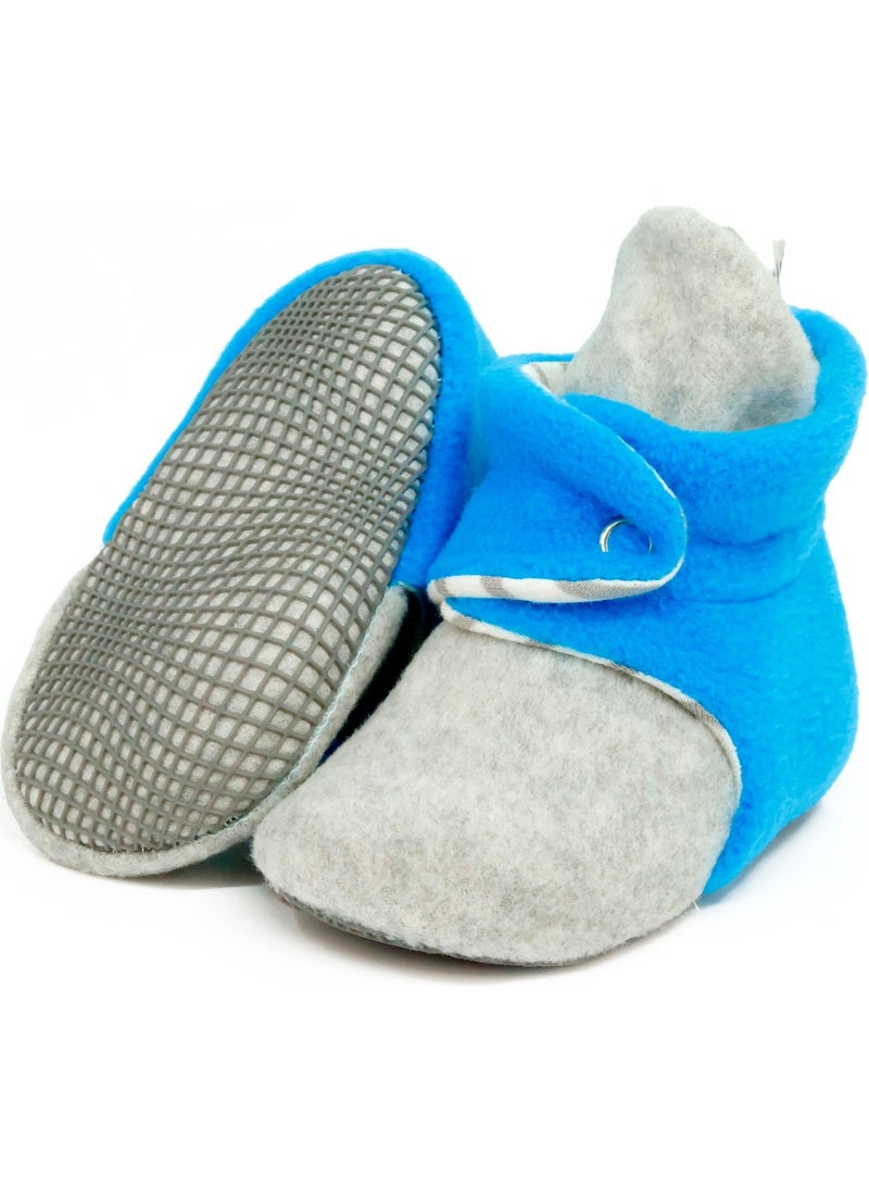 Ella Bonna Polar Baby Slippers, Non-Slip Sole, Organic Cotton Lined, First Step Home Slippers, Gray Blue  - Image 1